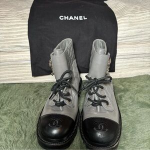 CHANEL Gray Leather Quilted Lace-Up Ankle Boots with Black Cap Toes